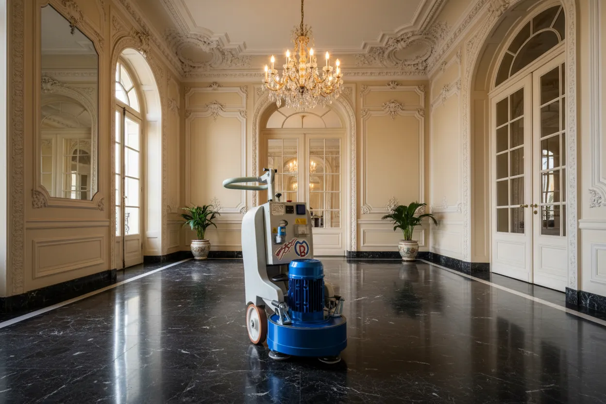 Ponceuse monobrosse italienne professionnelle sur un sol en marbre d'un appartement à Boulogne-Billancourt